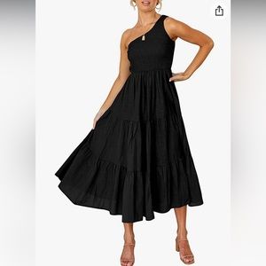 Black One Shoulder Flowy Tiered Dress
